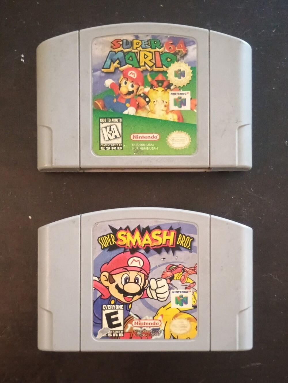 Nintendo Gray N64 Cartridges — Super Mario 64 & Super Smash Bros.